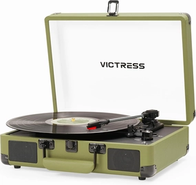 Record Player with Speakers, Bluetooth Vinyl Record Player with Recording, 3 Speed Portable Suitcase LP Player, Belt Drive Turntable, RCA/AUX/Headphone Jack, Green belt-drive turntable,vinyl record player,audiophile turntable,