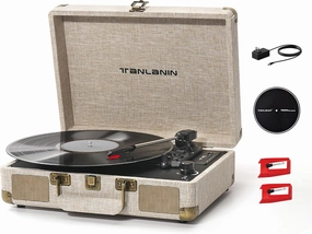 Record Player with Speakers USB Recording Vintage 3-Speed Portable Suitcase Belt-Driven Turntables 33 45 78 RPM Bluetooth LP Vinyl Player Support AUX/RCA/Headphone Jack, Beige Linen belt-drive turntable,vinyl record player,audiophile turntable,