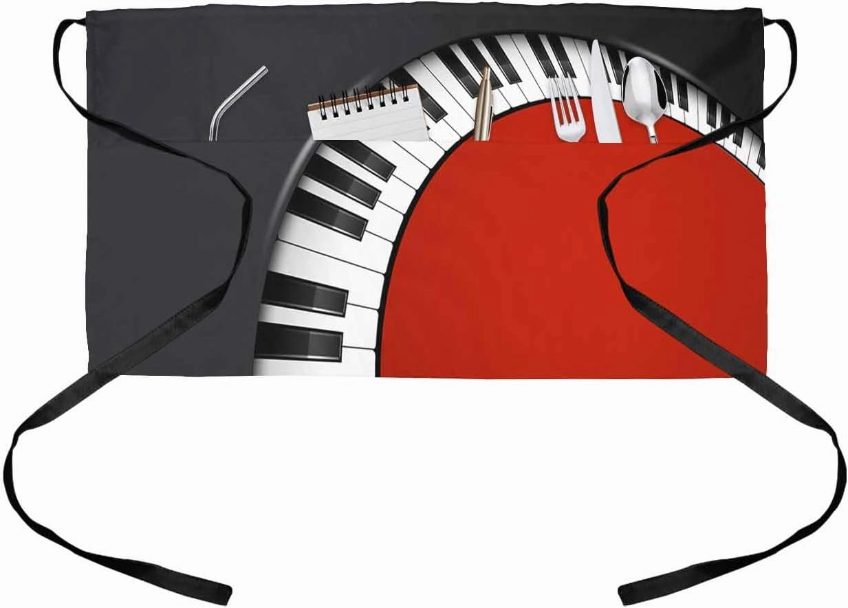 Red Piano Keys Half Waist Apron with Pockets for Waitress Waiter Server,Music Musical Notes Black White Instrument Kitchen Bistro Restaurant Chef Cooking BBQ Apron Short Waterproof Kids Women Men music server,hi-fi media server,digital audio storage,