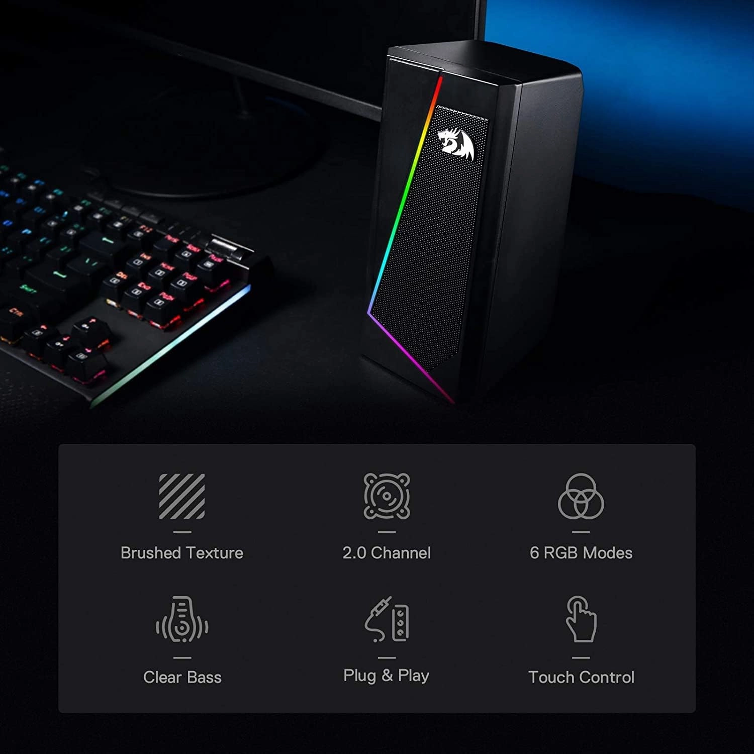 Redragon GS520 RGB Desktop Speakers, 2.0 Channel PC Computer Stereo Speaker with 6 Colorful LED Modes, Enhanced Sound and Easy-Access Volume Control, USB Powered w/ 3.5mm Cable