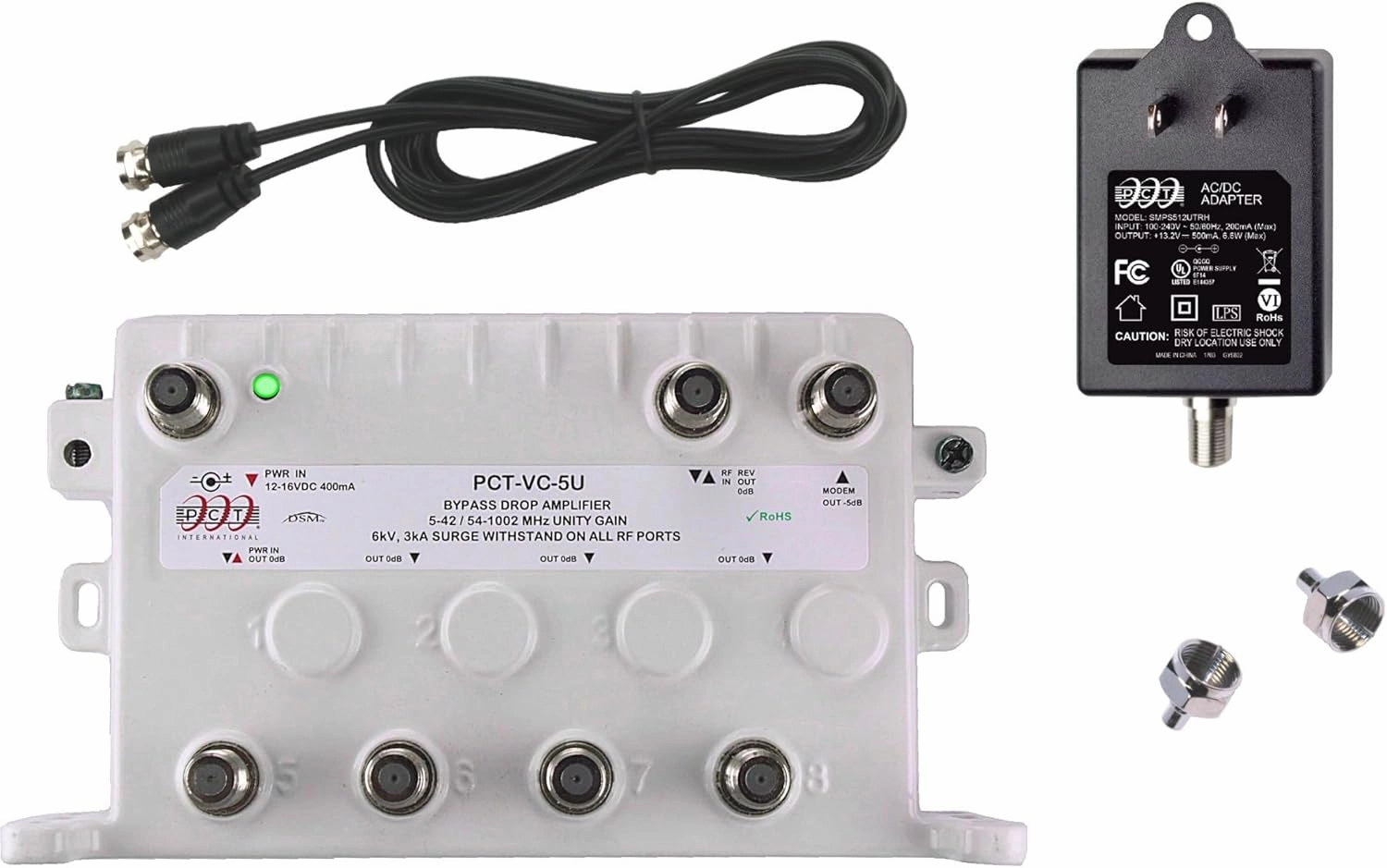 Reliable 5-Port TV Modem Splitter Signal Booster/Amplifier Kit With Active Return Zero Signal Loss, Bypass Port, Connect up to 5 Devices, Power Cable and 2 F59 Terminators PCT-VC-5UN power amplifier,stereo amp,hi-fi power amp,