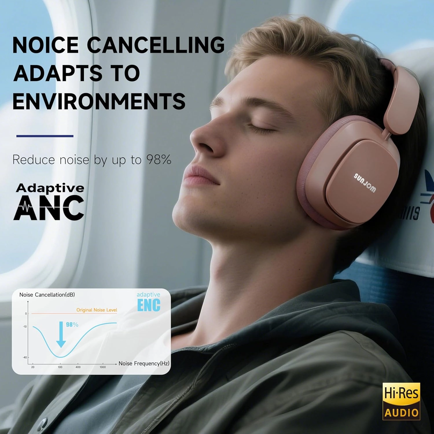 Remix 130H Playtime Bluetooth Over-Ear Wireless Headphones, ANC/ENC Active Noise Cancelling, Foldable Rotatable Lightweight Headphones with Microphone Type-C for Call Travel Sports (Pink Brown)