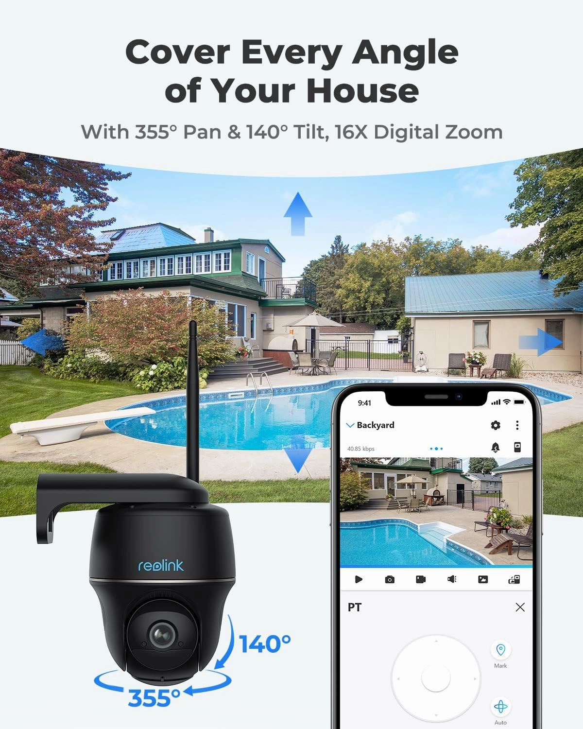 REOLINK 5MP Security Camera System Wireless Outdoor, Pan Tilt Battery Solar Cam with 2.4/5GHz Dual-Band WiFi, Smart Detection, Time Lapse, Home Hub Compatible, Argus PT   Solar Panel (Black)