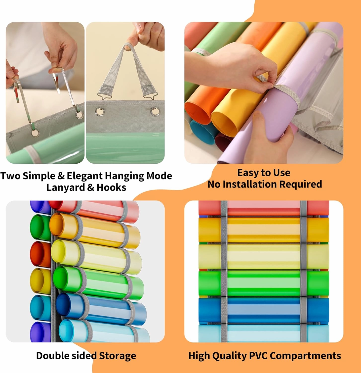 Resonax 60-Compartment Vinyl Roll Holder with 14 Mesh Pockets, 2 Hooks & Straps  66" x 8.6" Hanging Vinyl Storage Organizer for Craft Rooms  Grey