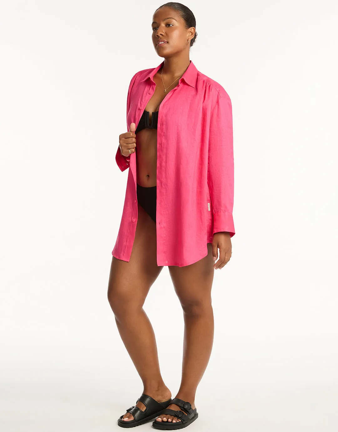 Resort Linen Beach Shirt - Hot Pink