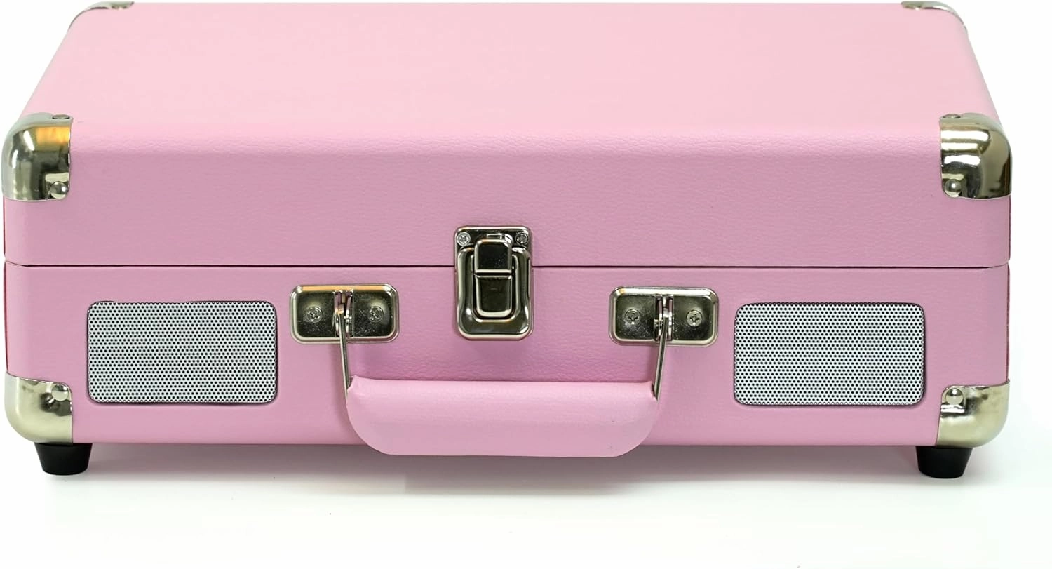 Retro Suitcase Belt Drive Turntable 3 Speeds 33/45/78rpm, Built-in Stereo Speakers, USB-C Power Adaptor with RCA Line Out Jack, Aux in, Headphone Jack, USB and SD Card Playback
