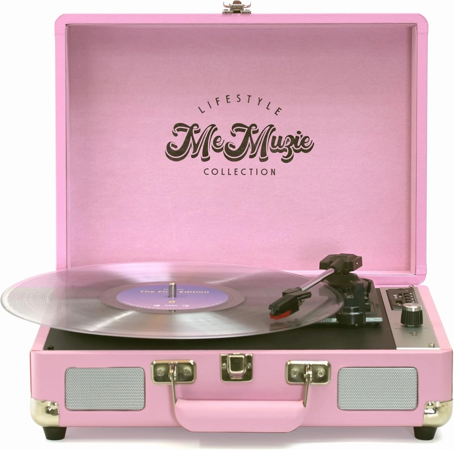Retro Suitcase Belt Drive Turntable 3 Speeds 33/45/78rpm, Built-in Stereo Speakers, USB-C Power Adaptor with RCA Line Out Jack, Aux in, Headphone Jack, USB and SD Card Playback