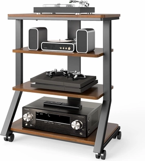 Rfiver 4-Tier AV Media Stand with Wheels, Mobile Rack Audio Tower with Height Adjustable Shelves, Wooden Stereo Racks and Stands, Stereo Stand for Record Player, TV Box, Corner Entertainment Center audio rack,hi-fi component stand,media shelf,