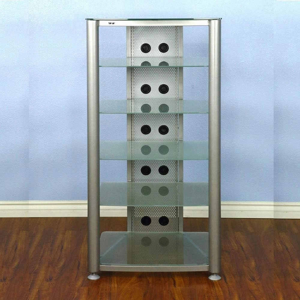 RGR406SF - 6 Shelf Audio Rack with Gray Silver Frame and Frosted Glass. audio rack,hi-fi component stand,media shelf,
