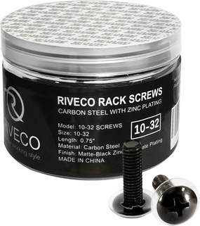 RIVECO 100PCS 10-32 Rack Screws for Server Cabinets & Racks Tapered Holes Mounting Network Equipment Audio Devices, Carbon Steel Black audio rack,hi-fi component stand,media shelf,