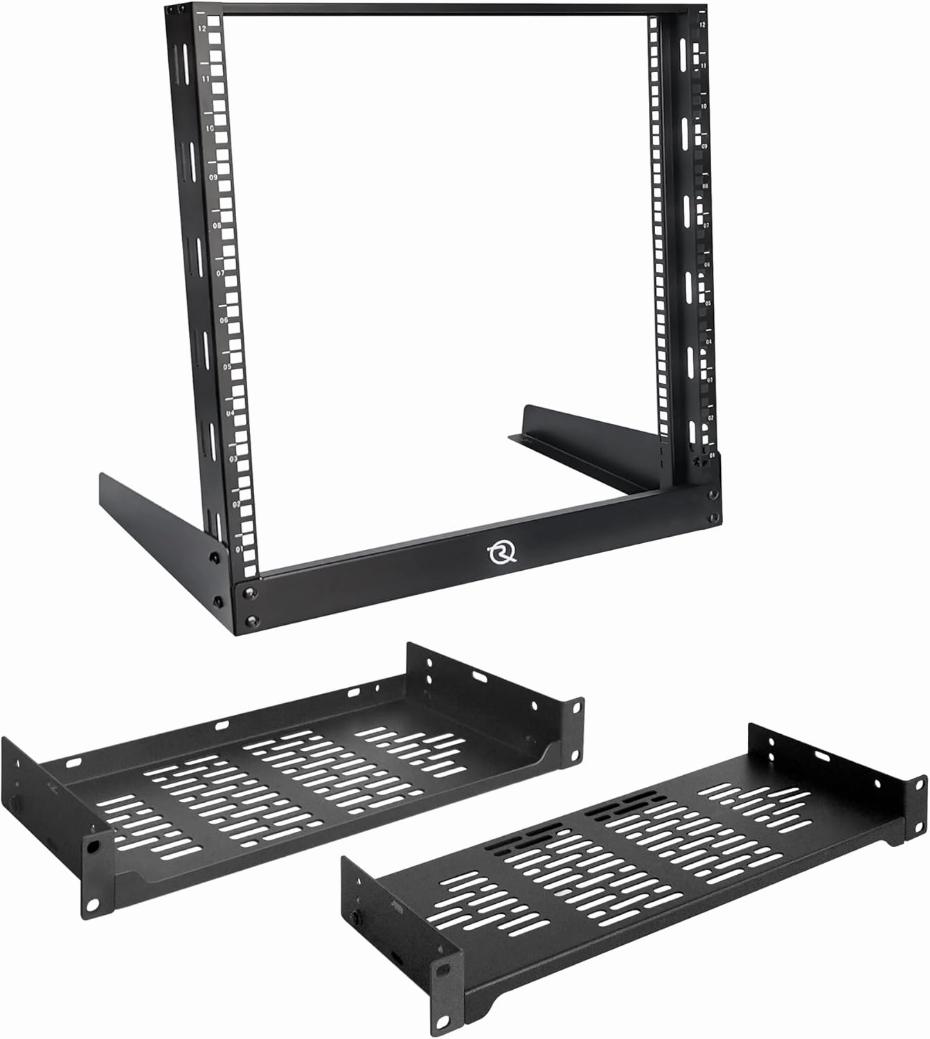 RIVECO 12U Desktop Rack for Audio & Network Devices, 19 Inch 2 Post Open Frame Shelf with Reinforced Beam, Black, 2.0 mm Cold-Rolled Steel, Rack Mount, Compatible with Desktop & Server, 6" Depth music server,hi-fi media server,digital audio st