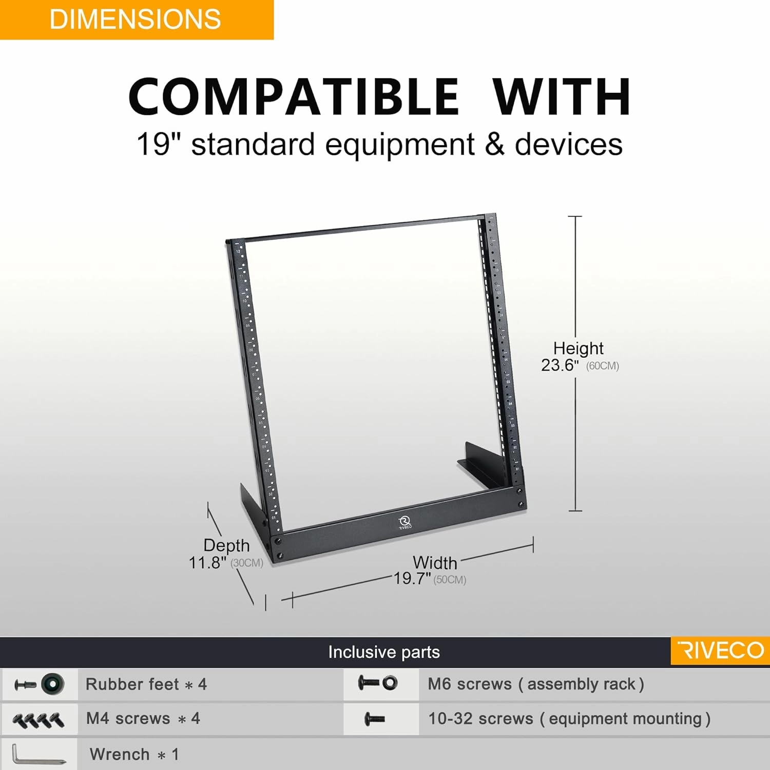 RIVECO 12U Desktop Rack for Audio & Network Devices 19 Inch 2 Post Open Frame Shelf with Reinforced Beam, Free Standing Racks for IT Server Sound AV Music Recording Equipment