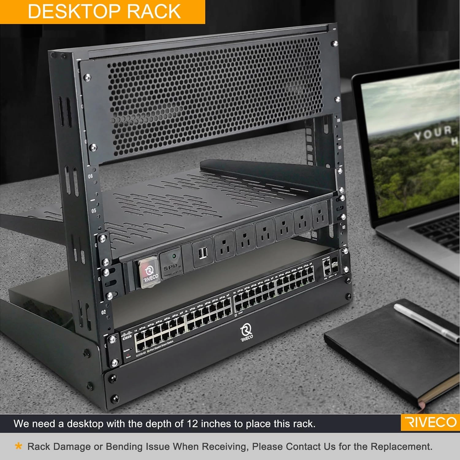 RIVECO 12U Desktop Rack for Audio & Network Devices 19 Inch 2 Post Open Frame Shelf with Reinforced Beam, Free Standing Racks for IT Server Sound AV Music Recording Equipment