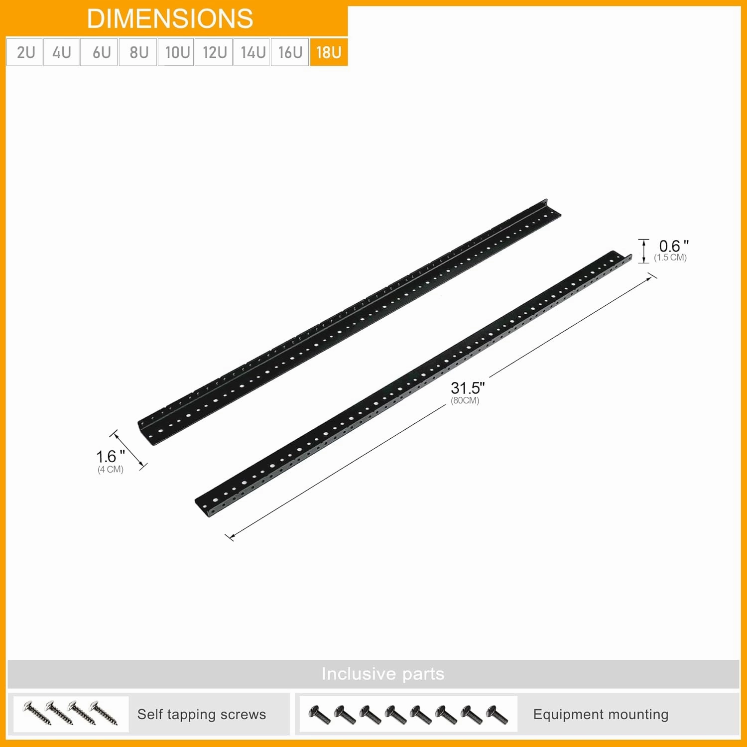 RIVECO 18U Rack Rails 2 PCS, 0.12 Inches Thickness Steel Tapered Holes Horizontal & Vertical Rack Mount Rails for Recording & Network Wooden Cabinet Mounting, 10/32 Screws Included