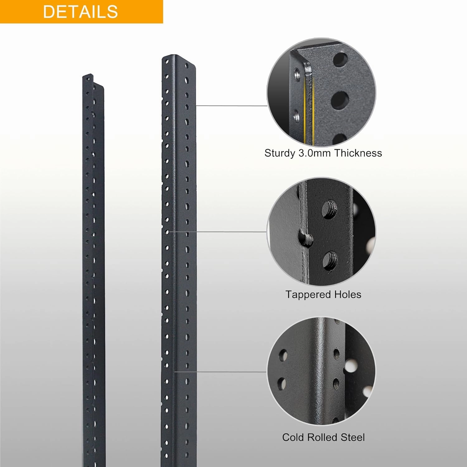 RIVECO 18U Rack Rails 2 PCS, 0.12 Inches Thickness Steel Tapered Holes Horizontal & Vertical Rack Mount Rails for Recording & Network Wooden Cabinet Mounting, 10/32 Screws Included