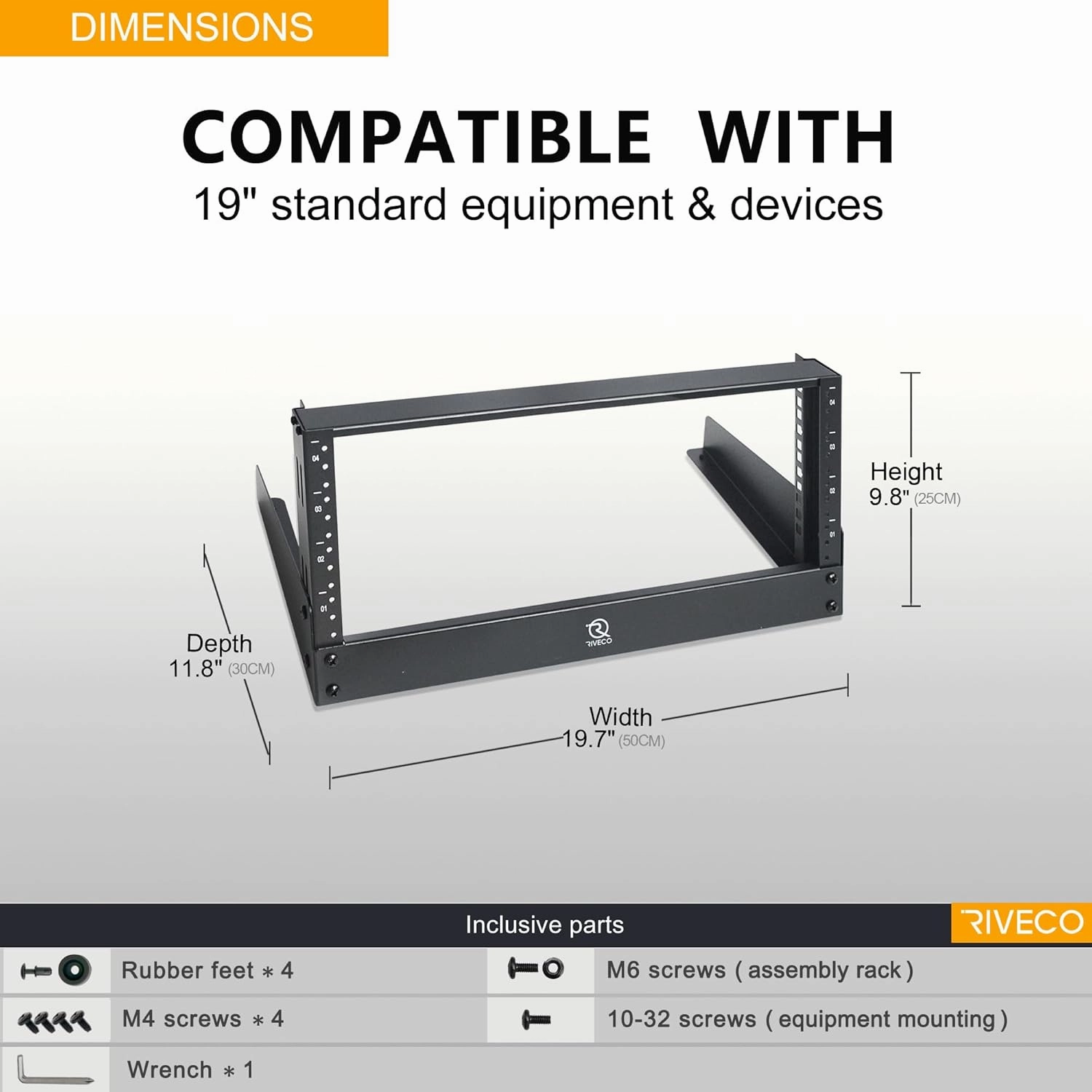 RIVECO 4u Tabletop Rack for Audio & Network, Desktop Rack Shelf Open Frame Sound Recording Shelf, Tappered Holes Black 2 Post