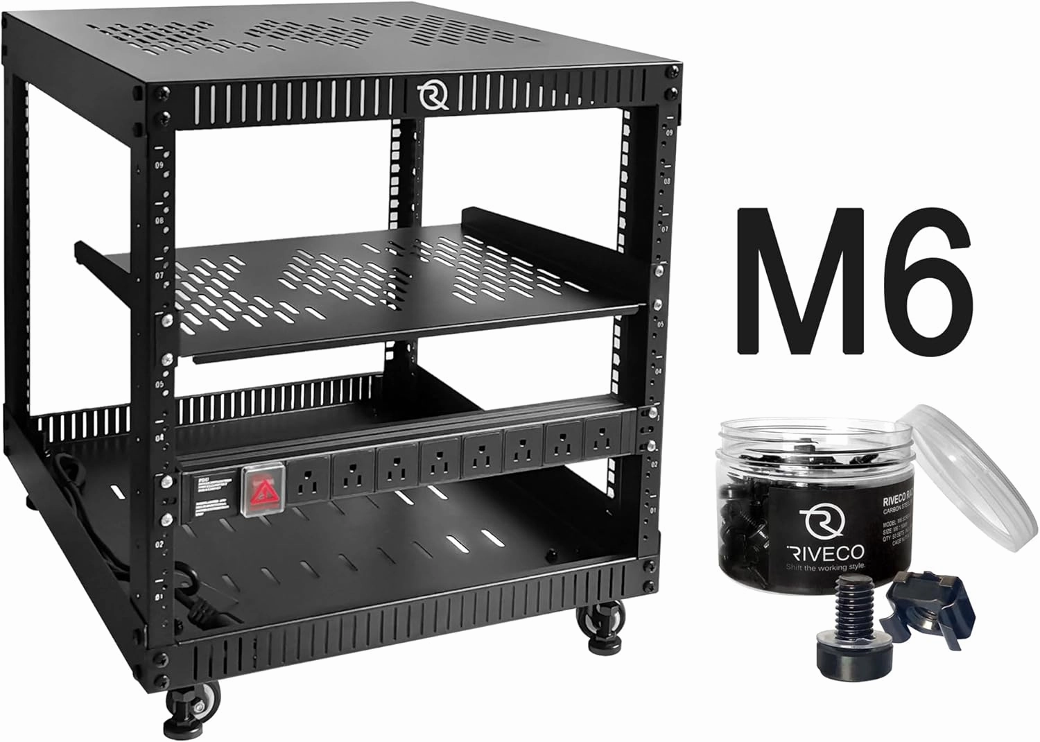 RIVECO 9U Network Rack with Reinforced Top Cover - 4 Post Floor Rack on Wheels for 19" Equipment & Stereo Gear Including Rack Mount Power Strip & 1PCS 1U Rack Shelf & M6 Screws 50 Sets rackmount gear,audio rack equipment,studio rackmounts,