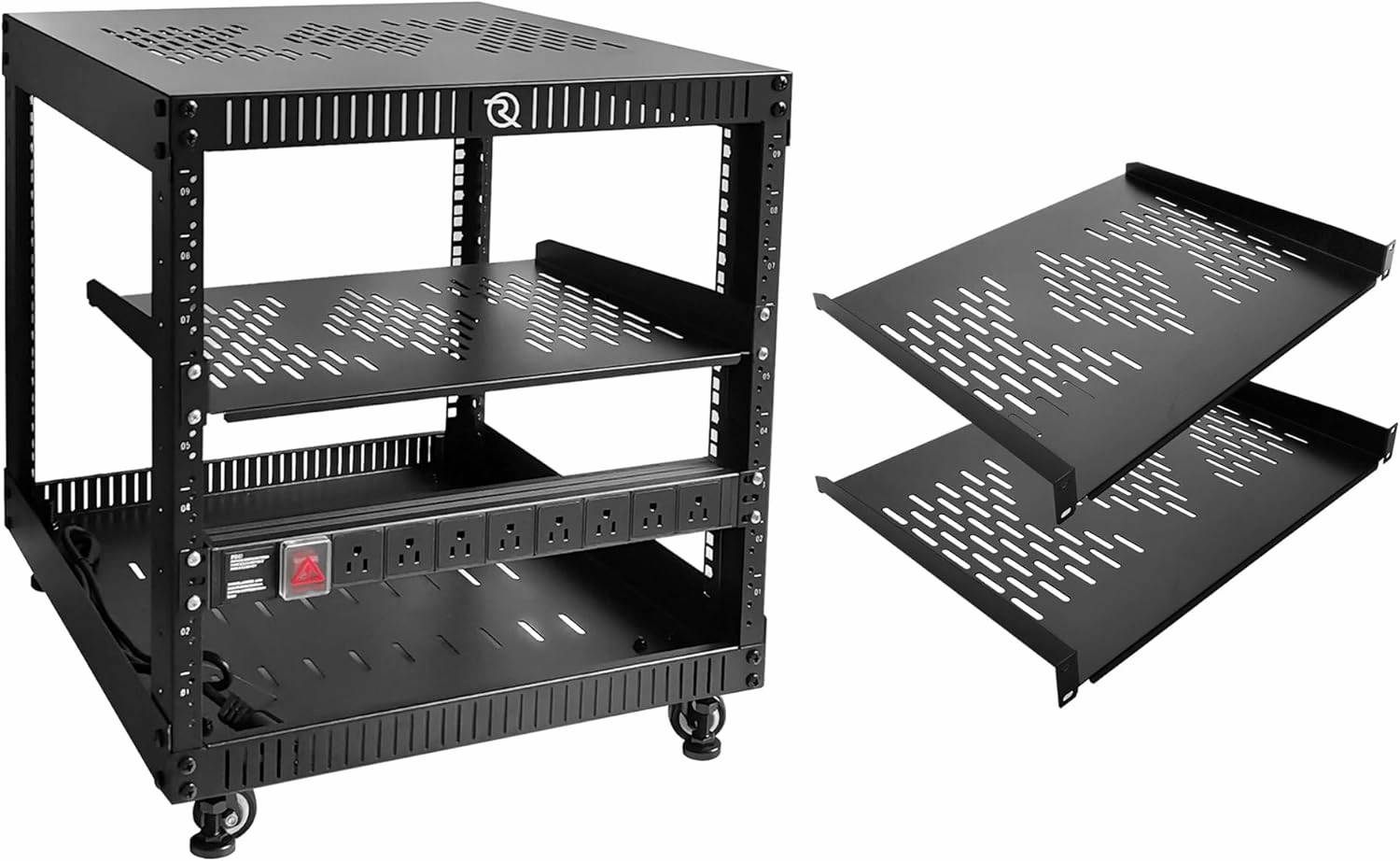 RIVECO 9U Network Rack with Top Cover 4 Post Floor Rack on Wheels for 19" Equipment & Stereo Gear Including Rack Mount Power Strip & 1PCS 1U Rack Shelf & 16" Depth Rack Shelves 2PCS rackmount gear,audio rack equipment,studio rackmount