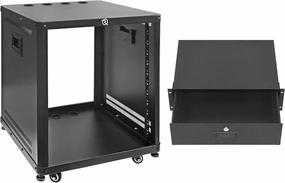 RIVECO POMU 12U Network & Stereo Rack with Caster Wheels, Rolling Server Rack Open Cabinet for 19 inches Audio Video Musical & IT Equipment Mounting, Round & Square Holes & 3U Rack Drawer music server,hi-fi media server,digital audio storag