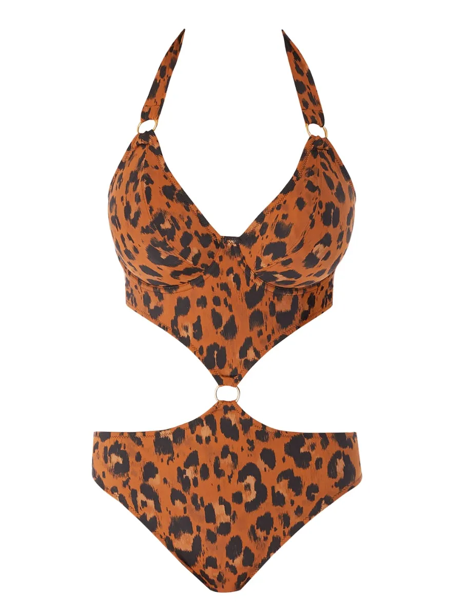 Roar Instinct Cut Out Halter Swimsuit - Leopard