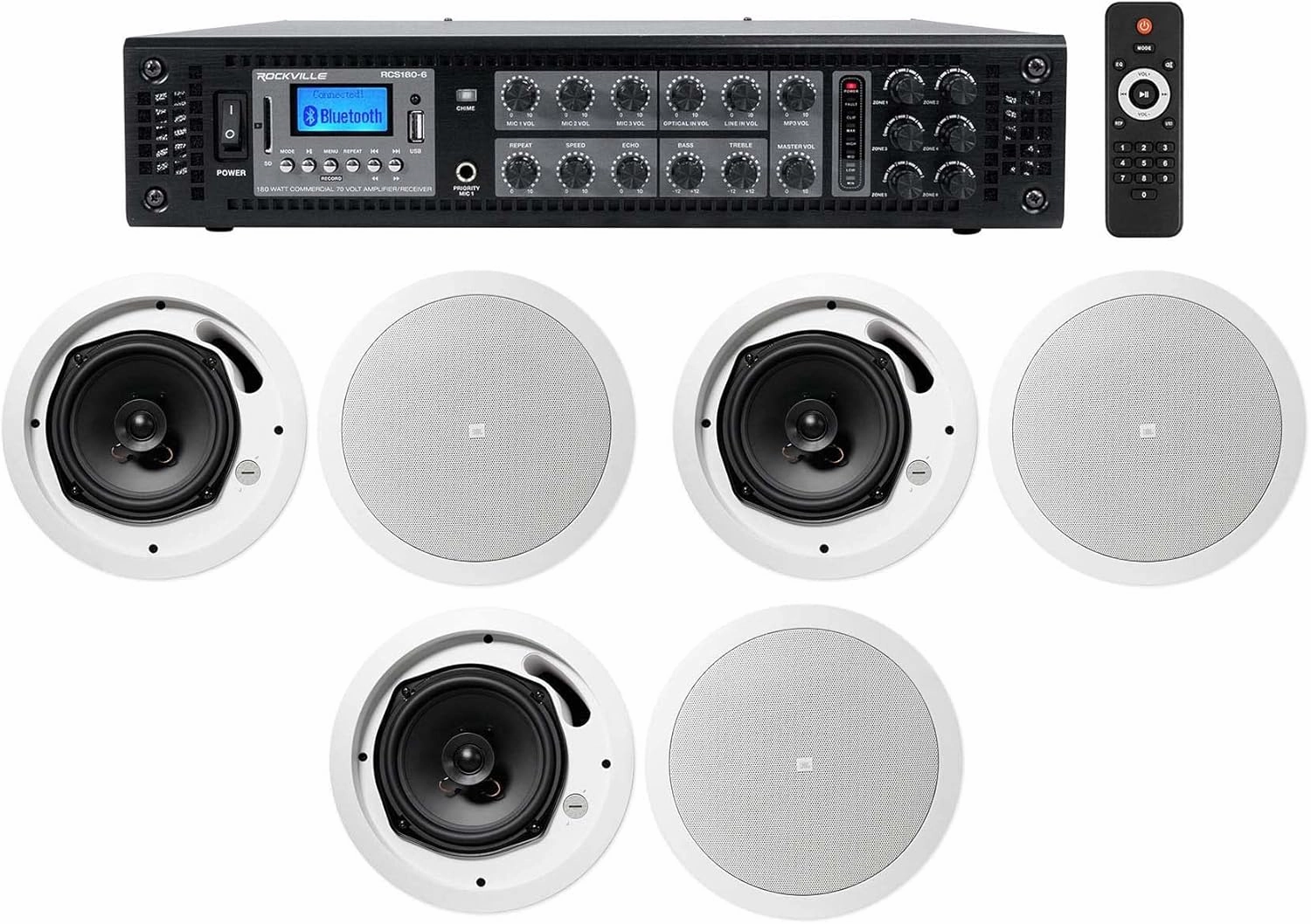 RockvilIe RCS180-6 180 Watt 6 Zone 70v Commercial/Restaurant Amplifier/Bluetooth Bundle with (3) JBI Control 16C/T 6.5" 30w 70v Commercial Ceiling Speakers for Restaurant/Bar (4 Items) soundbar,TV speaker bar,home theater soundbar,