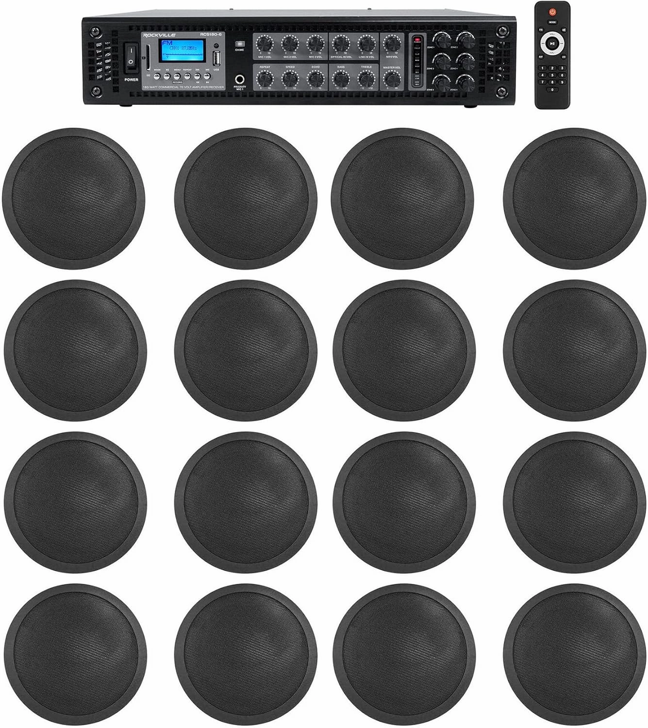 Rockville 6-Zone Amp 16 Black 6" Ceiling Speakers for Restaurant/Bar/Cafe/Office soundbar,TV speaker bar,home theater soundbar,