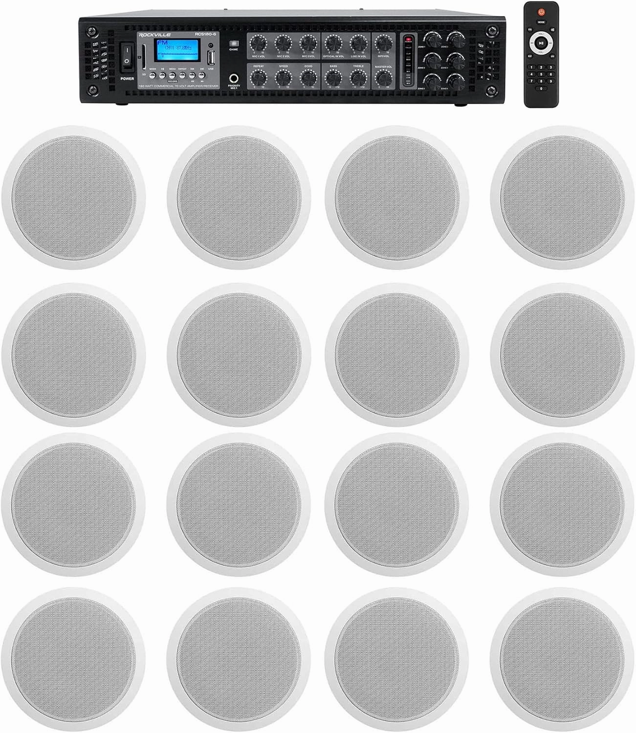 Rockville 6-Zone Amp 16 White 6" Ceiling Speakers for Restaurant/Bar/Cafe/Office soundbar,TV speaker bar,home theater soundbar,