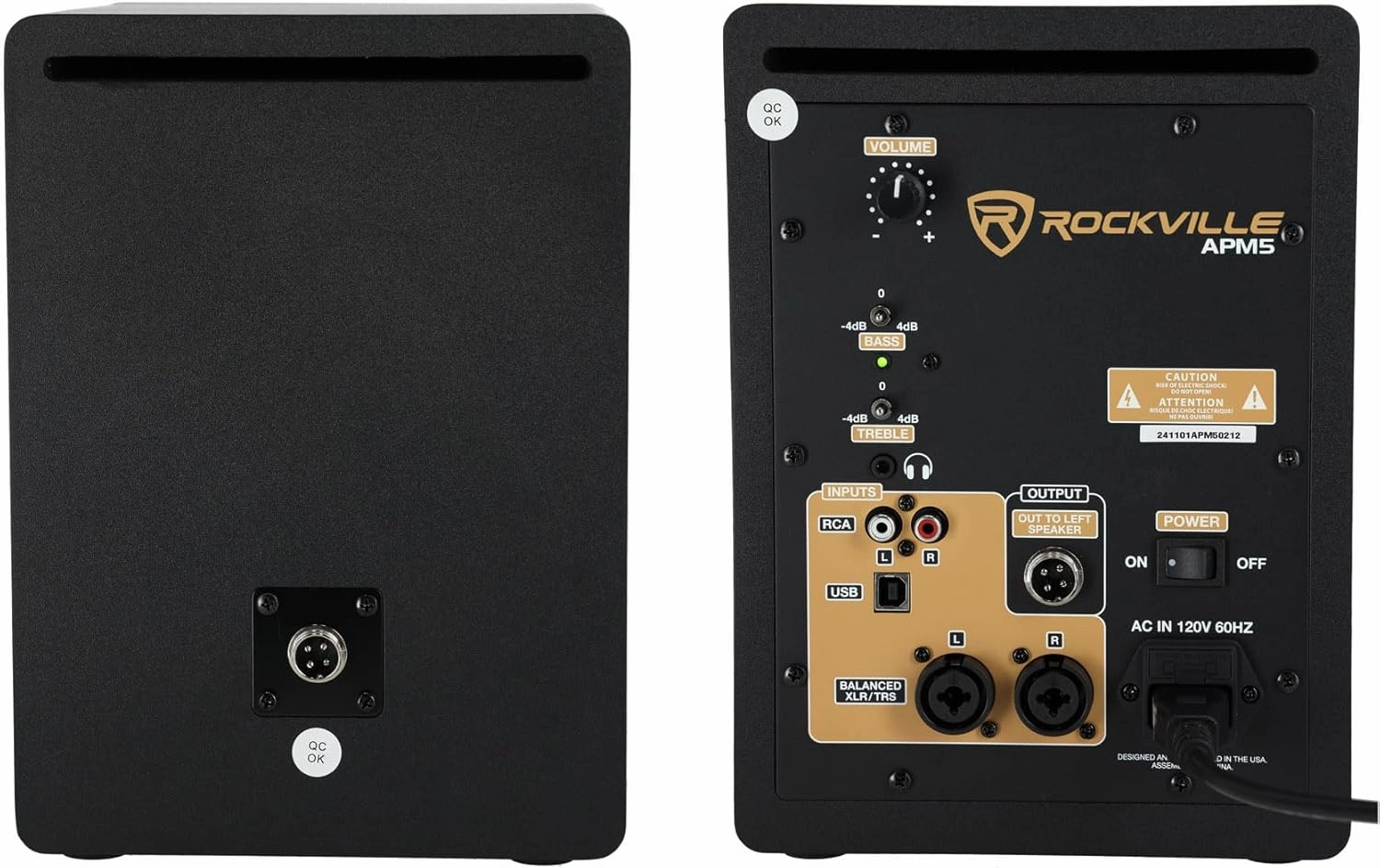 Rockville APM5D 5.25" 2-Way 250W Active Studio Monitor Speakers (Pair) - Dark Wood, Class D Amplifier, XLR/RCA Inputs, Neodymium Silk Dome Tweeter, Bass/Treble Control, Computer-Optimized Crossover