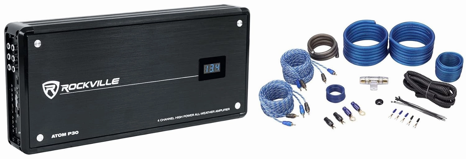 Rockville Atom P30 2400w 4-Channel Marine/ATV/Car Amplifier Volt Meter Bundle with Amp Kit (2 Items) tube amplifier,valve amp,audiophile tube stereo,