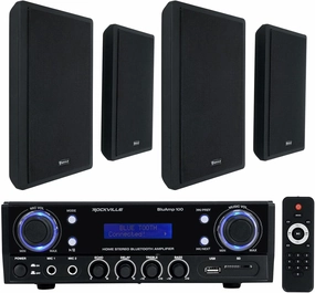 Rockville BLUAMP 100 Home Stereo Receiver Amplifier Bundle with (4) Rockville RockSlim Black Home Theater 5.25" 240w Easy Wall Mount Slim Speakers home cinema system,5.1 home theater,surround sound package,