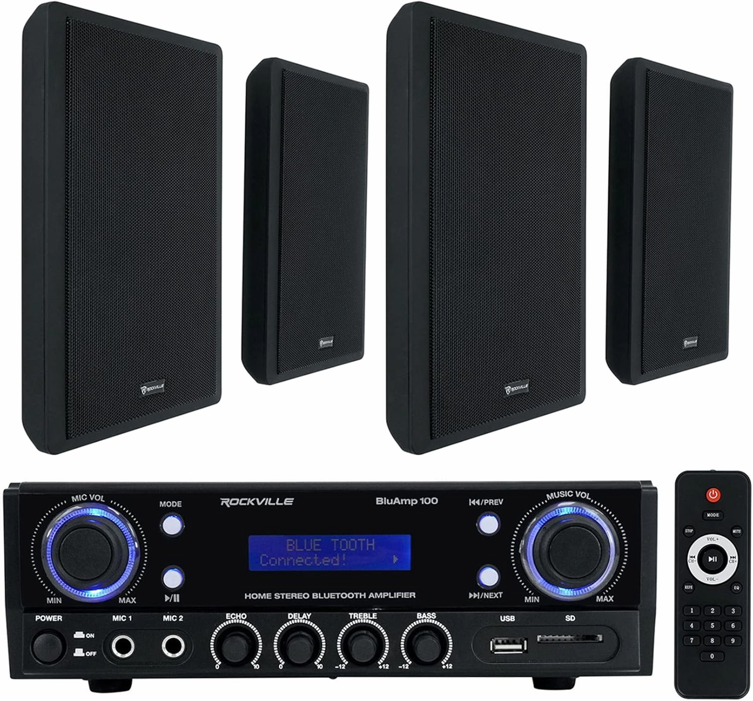 Rockville BLUAMP 100 Home Stereo Receiver Amplifier Bundle with (4) Rockville RockSlim Black Home Theater 5.25" 240w Easy Wall Mount Slim Speakers home cinema system,5.1 home theater,surround sound package,