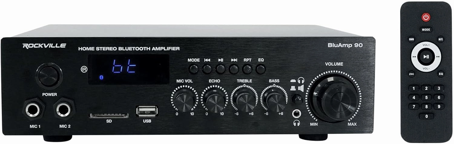Rockville BLUAMP 90 90W Home Stereo Bluetooth Receiver Amplifier, HDMI ARC, Phono Input, Mic Input, for Home Audio and Karaoke AV receiver,surround receiver,home theater amplifier,