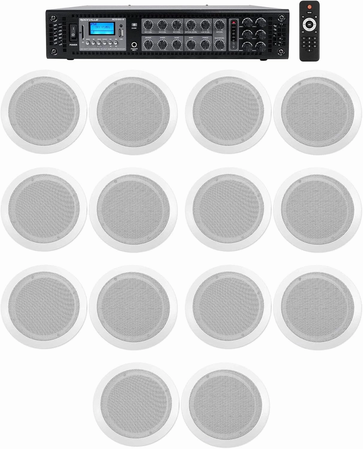 Rockville Bluetooth Multi Room 6 Zone Home Audio System w/(14) Ceiling Speakers soundbar,TV speaker bar,home theater soundbar,