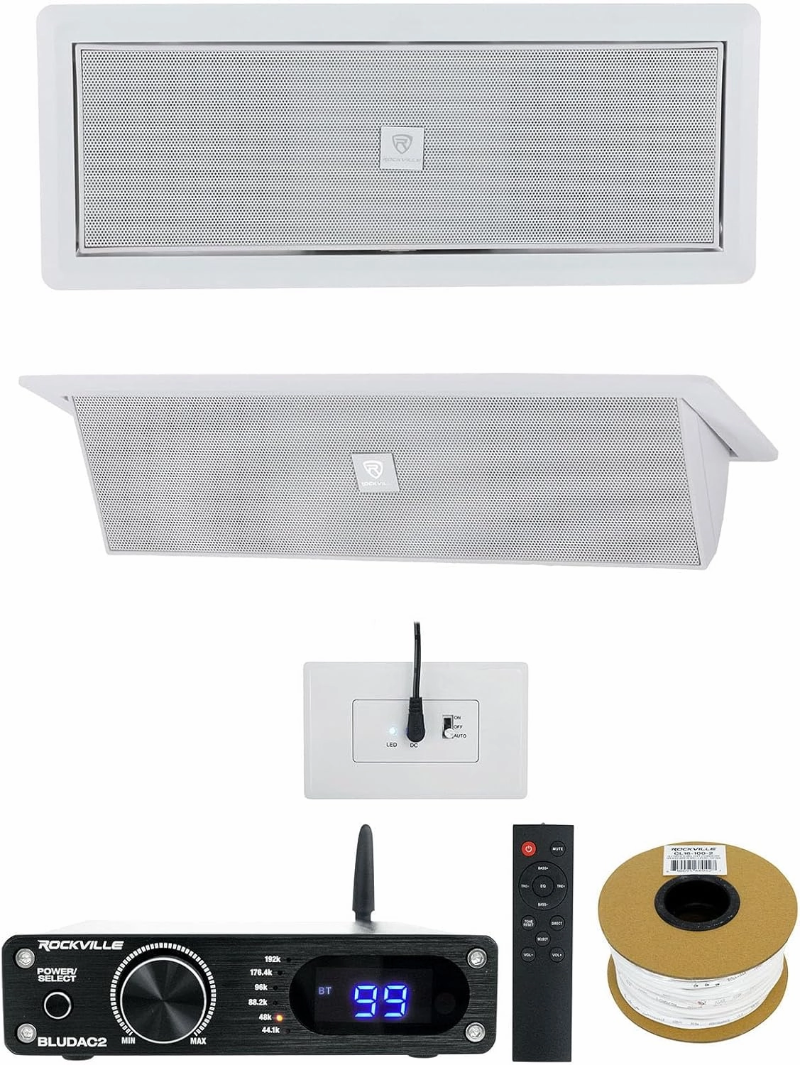 Rockville Bundle: Pair LUX Stealth D4 Motorized Dual 4" Ceiling/Wall Speakers Bundle with BLUDAC2B Hi-Res 192K Amplifier, CL16-100-2 CL2 Rated 100' 16AWG Speaker Wire (3 Items) bookshelf speakers,compact stereo speakers,hi-fi shelf speakers,