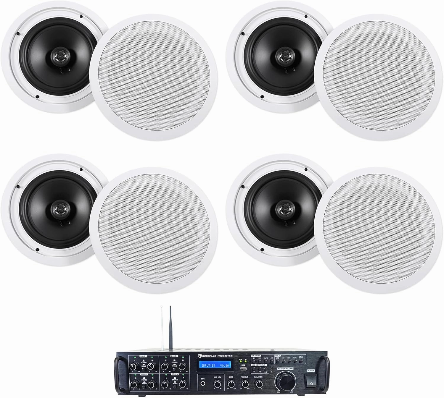 Rockville Bundle Rock Zone 8 8-Channel 1000W RMS Multi Room Receiver/Amplifier Bundle with (8) HC55 White 5.25" 300 Watt in-Ceiling Home Theater Speakers 8 Ohm (9 Items) home cinema system,5.1 home theater,surround sound package,