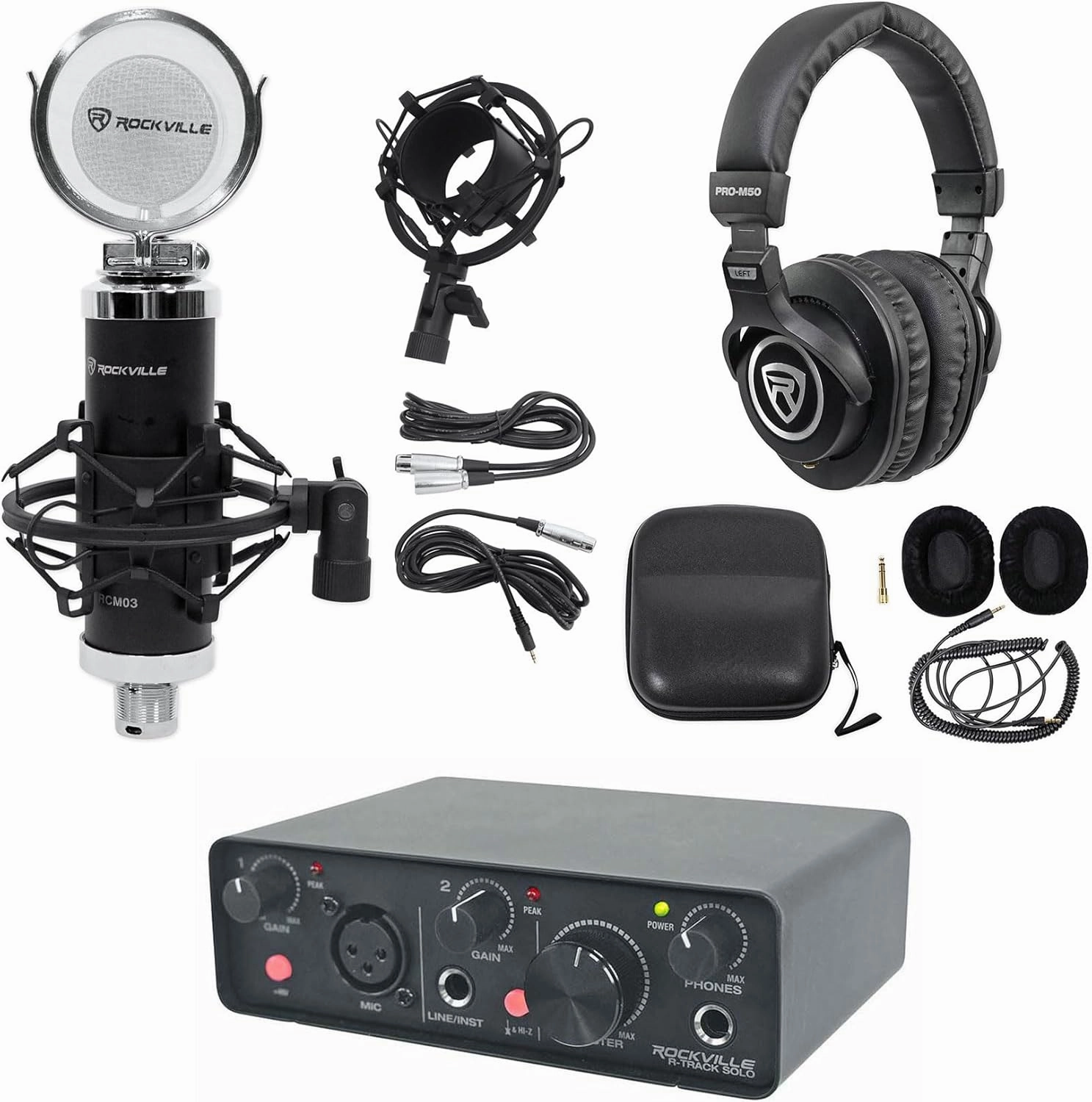 Rockville Bundle: Rockville R-TRACK SOLO Recording Audio Interface Drivers Bundle with Rockville RCM03 Pro Condenser Microphone Shock Mount & Rockville PRO-M50 Studio Headphones (3 Items) audio interface,USB interface,music recording input,