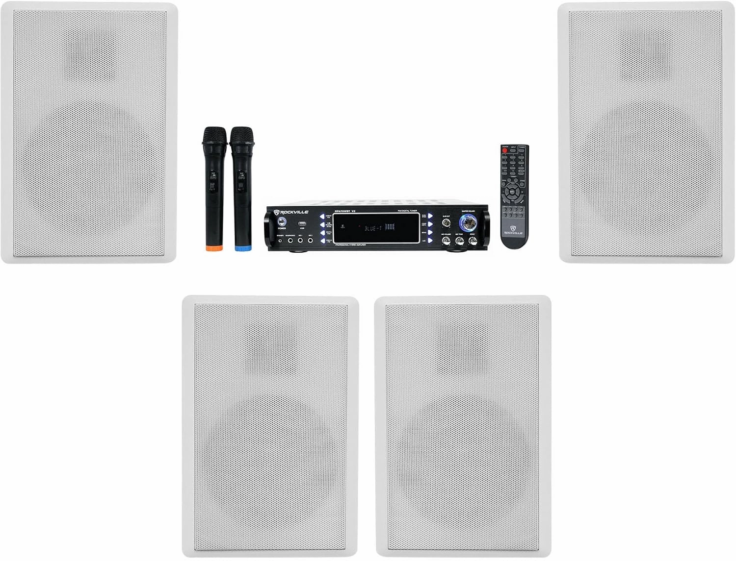 Rockville Bundle: RPA70WBT V2 1000w 2-Ch USB Bluetooth Amplifier/Mixer (2) Mics for Restaurant/Bar/Cafe Bundle with (2) Pair RockSlim White Home Theater 5.25" 240w Wall Mount Slim Speakers (3 Items) home cinema system,5.1 home theater,surround sound p