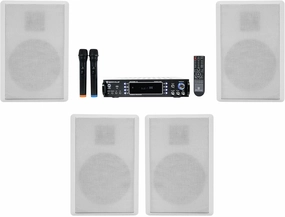 Rockville Bundle: RPA70WBT V2 1000w 2-Ch USB Bluetooth Amplifier/Mixer (2) Mics for Restaurant/Bar/Cafe Bundle with (2) Pair RockSlim White Home Theater 5.25" 240w Wall Mount Slim Speakers (3 Items) home cinema system,5.1 home theater,surround sound p
