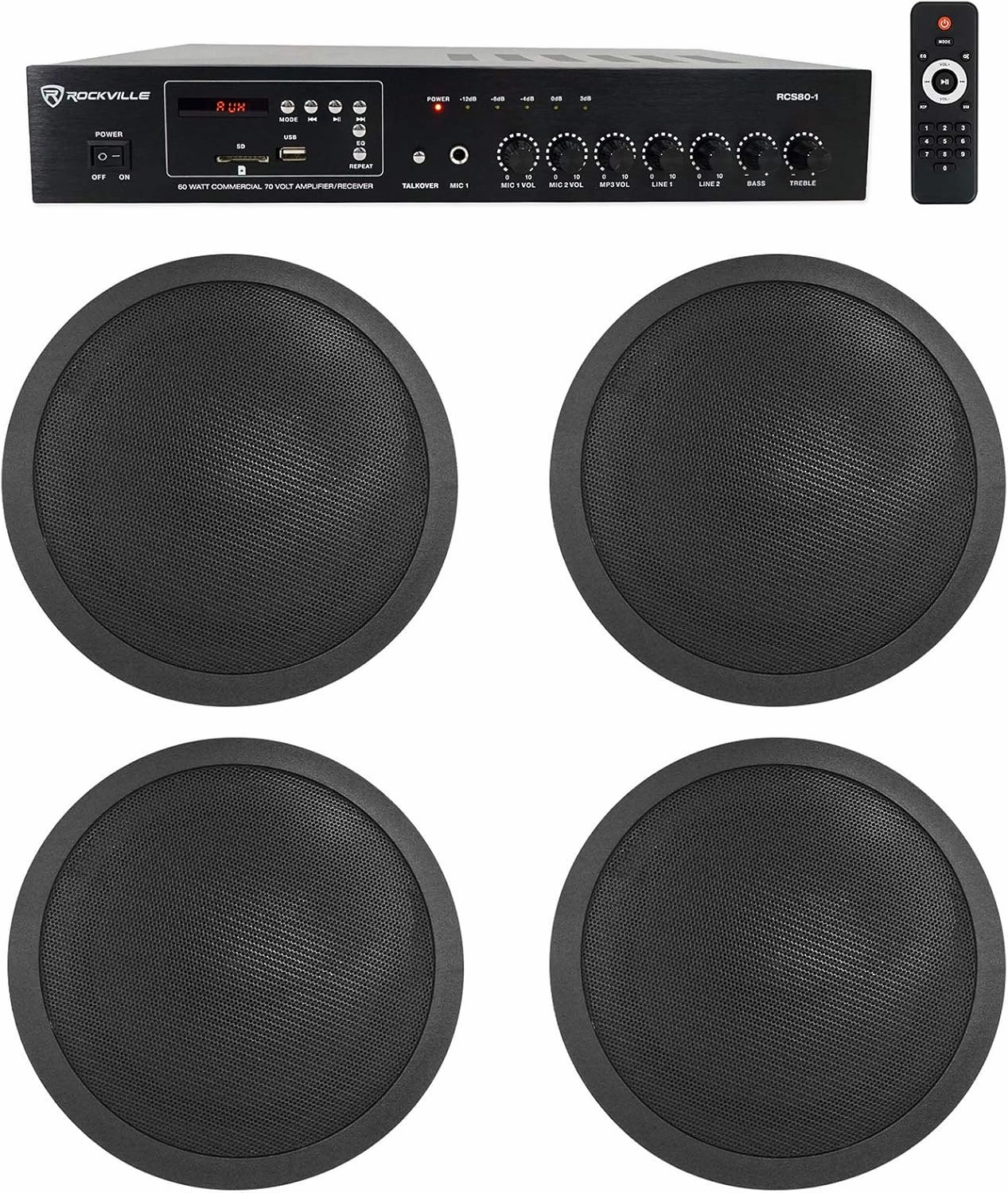Rockville Commercial 70v Amp (4) Black 6" Ceiling Speakers 4 Restaurant/Bar/Cafe surround sound system,cinema audio kit,5.1 surround package,