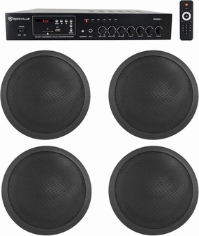 Rockville Commercial 70v Amp (4) Black 6" Ceiling Speakers 4 Restaurant/Bar/Cafe surround sound system,cinema audio kit,5.1 surround package,