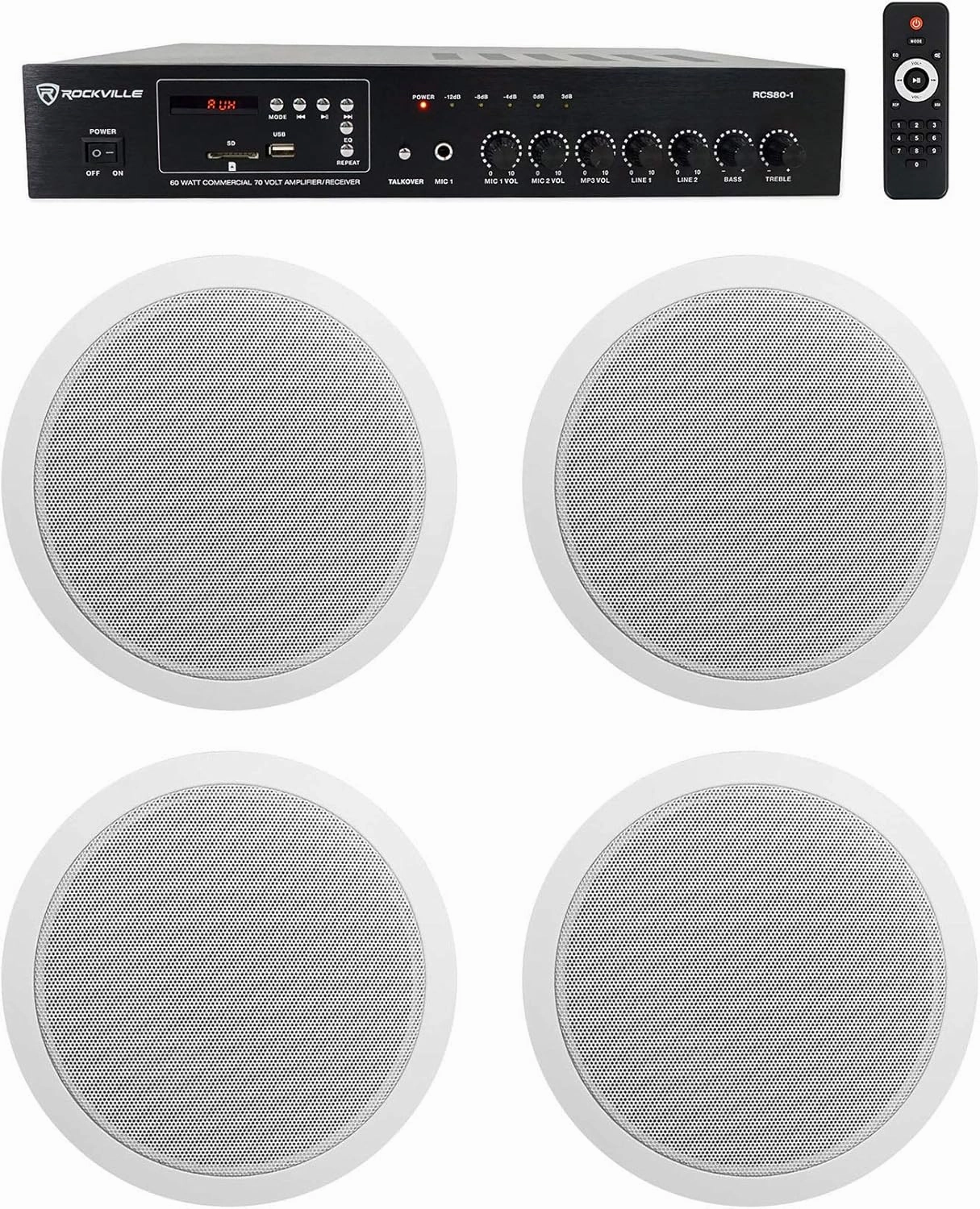 Rockville Commercial 70v Amp (4) White 6" Ceiling Speakers 4 Restaurant/Bar/Cafe soundbar,TV speaker bar,home theater soundbar,