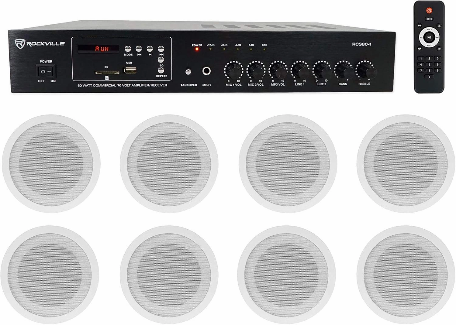Rockville Commercial 70v Amp (8) White 5" Ceiling Speakers 4 Restaurant/Bar/Cafe soundbar,TV speaker bar,home theater soundbar,