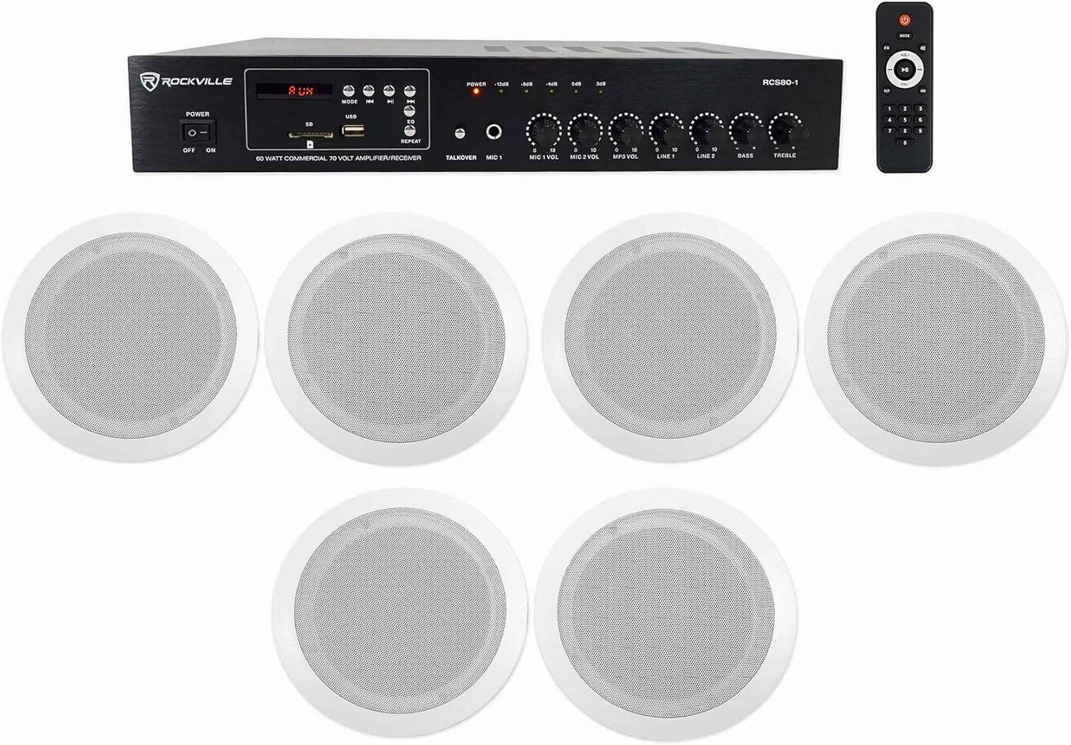Rockville Commercial Amplifier 6 6.5" 2-Way White Ceiling Speakers 4 Restaurant soundbar,TV speaker bar,home theater soundbar,
