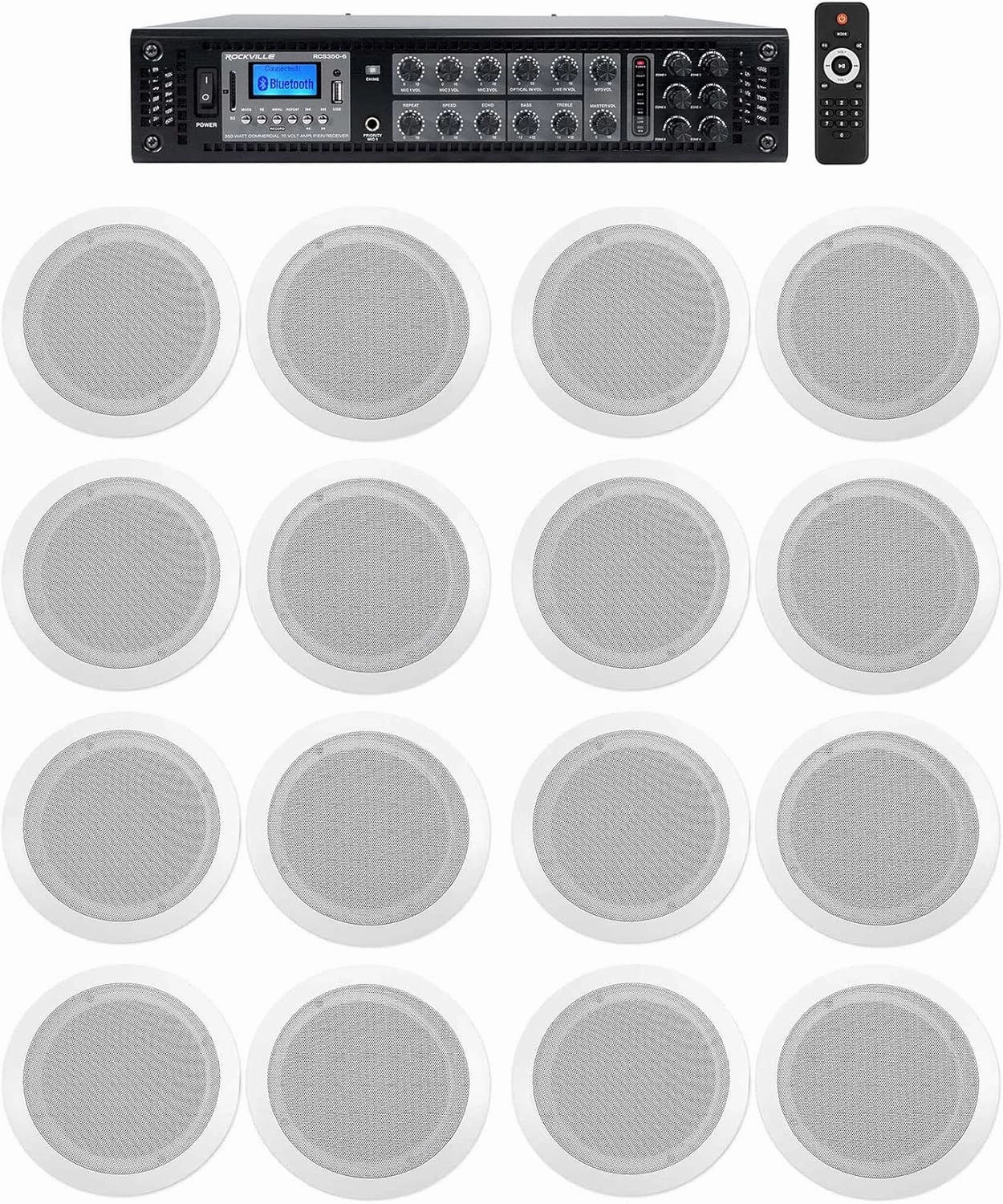 Rockville Commercial Receiver 16 6.5" 2Way White Ceiling Speakers 4 Hotel/Office soundbar,TV speaker bar,home theater soundbar,