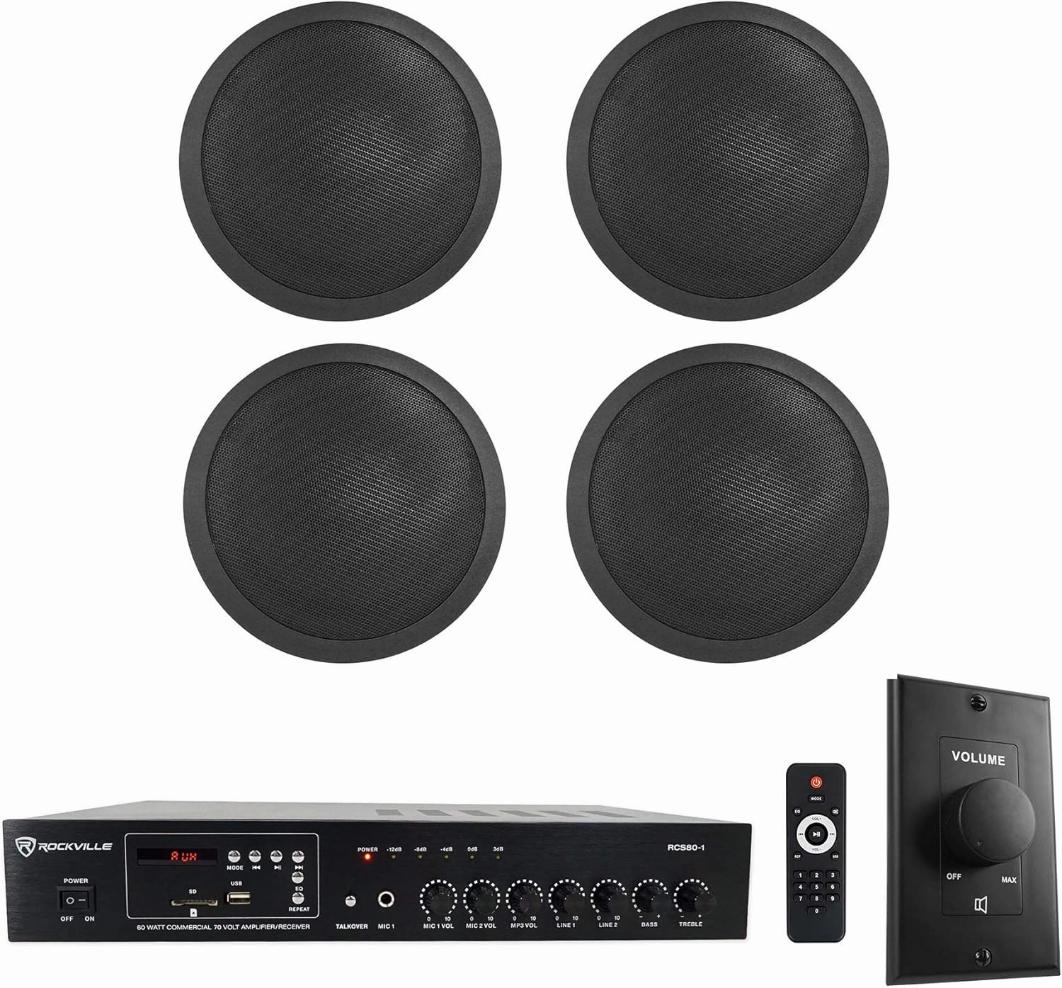 Rockville Commercial Restaurant Amp (4) 5" Black Ceiling Speakers Wall Control soundbar,TV speaker bar,home theater soundbar,