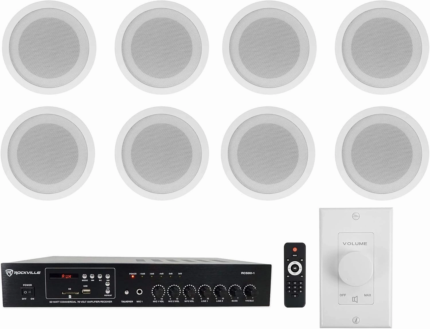 Rockville Commercial Restaurant Amp (8) 5" White Ceiling Speakers Wall Control soundbar,TV speaker bar,home theater soundbar,