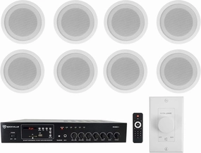Rockville Commercial Restaurant Amp (8) 5" White Ceiling Speakers Wall Control soundbar,TV speaker bar,home theater soundbar,