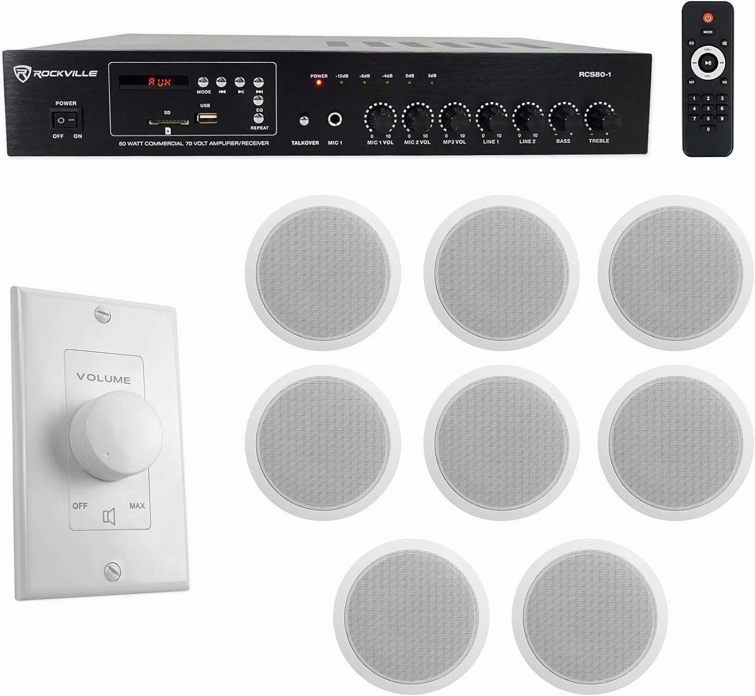 Rockville Commercial Restaurant Amp (8) 6 inches White Ceiling Speakers Wall Control surround sound system,cinema audio kit,5.1 surround package,