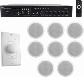 Rockville Commercial Restaurant Amp (8) 6 inches White Ceiling Speakers Wall Control surround sound system,cinema audio kit,5.1 surround package,