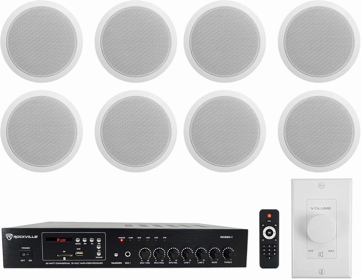 Rockville Commercial Restaurant Amp (8) 6" White Ceiling Speakers Wall Control soundbar,TV speaker bar,home theater soundbar,